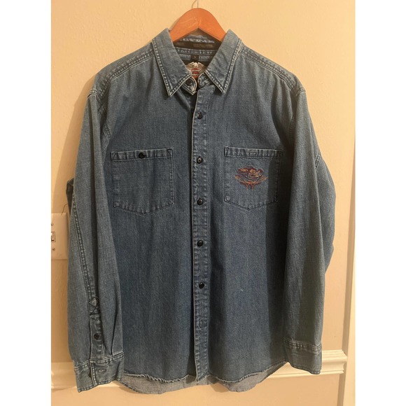 HARLEY DAVIDSON embroidered denim button up! RARE! Size L - Picture 3 of 5